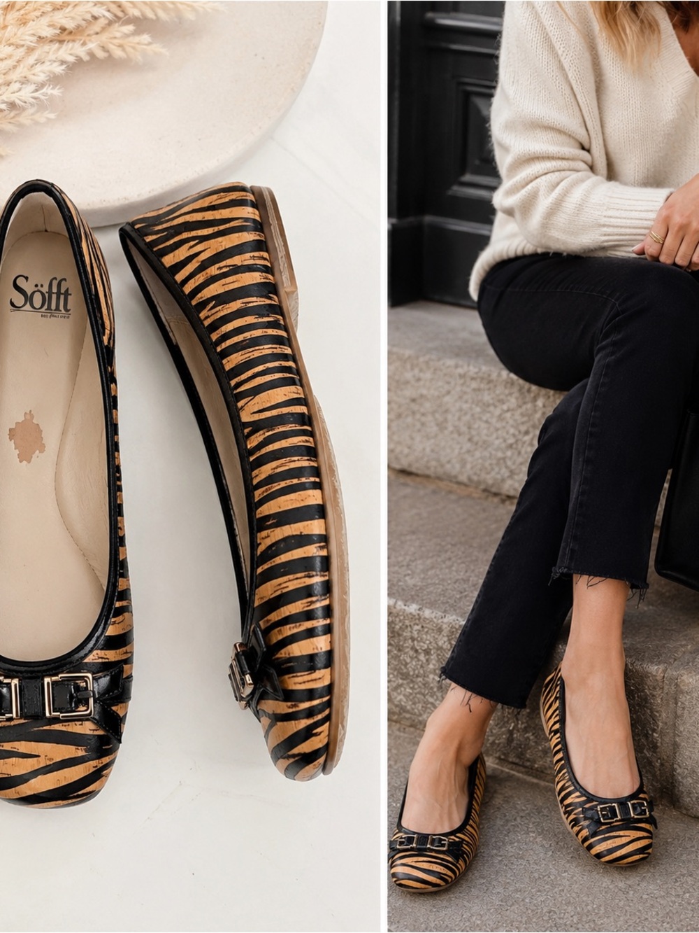 Söfft Tiger-Print Ballet Flats in Black & Tan with Buckle